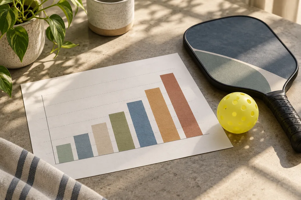 Un graphique à barres imprimé posé sur une table à côté d'une raquette et d'une balle.